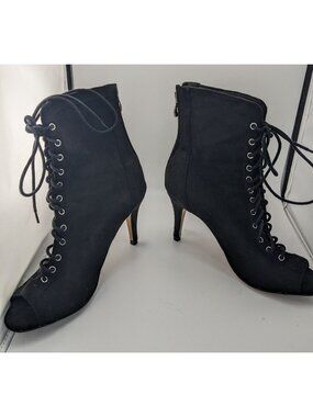 Burju Gothic Black Lace-Up Peep Toe Heeled Booties Size 9 Suede Rear Zipper Clos